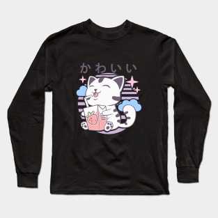 Kawaii Aesthetics Japanese Strawberry Milk Shake かわいい Cat - Violet - Strawberry Milk Long Sleeve T-Shirt